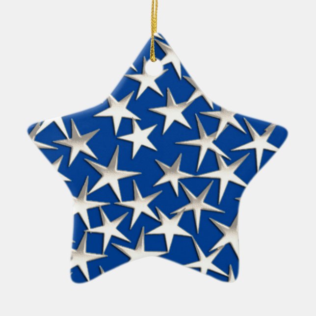 Silver stars on cobalt blue ceramic ornament (Front)