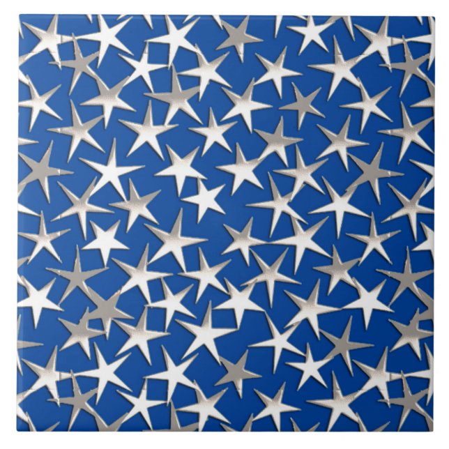 Silver stars on cobalt blue ceramic tile (Front)