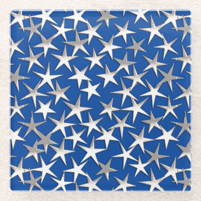 Silver stars on cobalt blue glass coaster (Front)