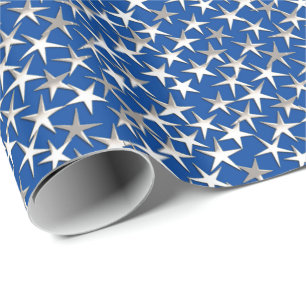 Silver stars on cobalt blue wrapping paper