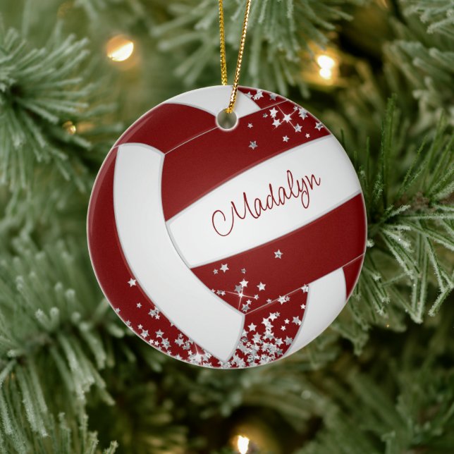silver stars on cute keepsake maroon volleyball ceramic ornament (Tree)