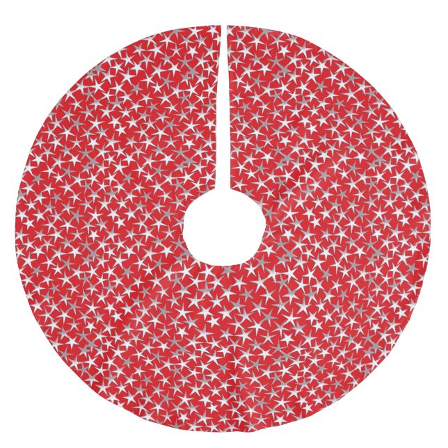 Silver stars on dark red brushed polyester tree skirt (Front)