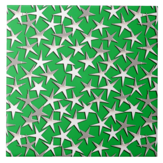 Silver stars on emerald green ceramic tile (Front)