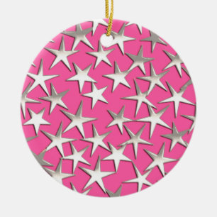 Silver stars on fuchsia pink ceramic tree decoration
