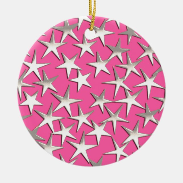 Silver stars on fuchsia pink ceramic tree decoration (Front)