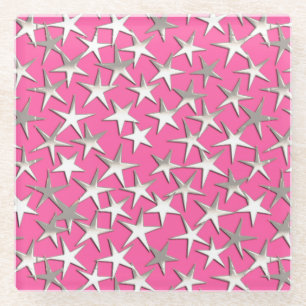 Silver stars on fuchsia pink glass coaster