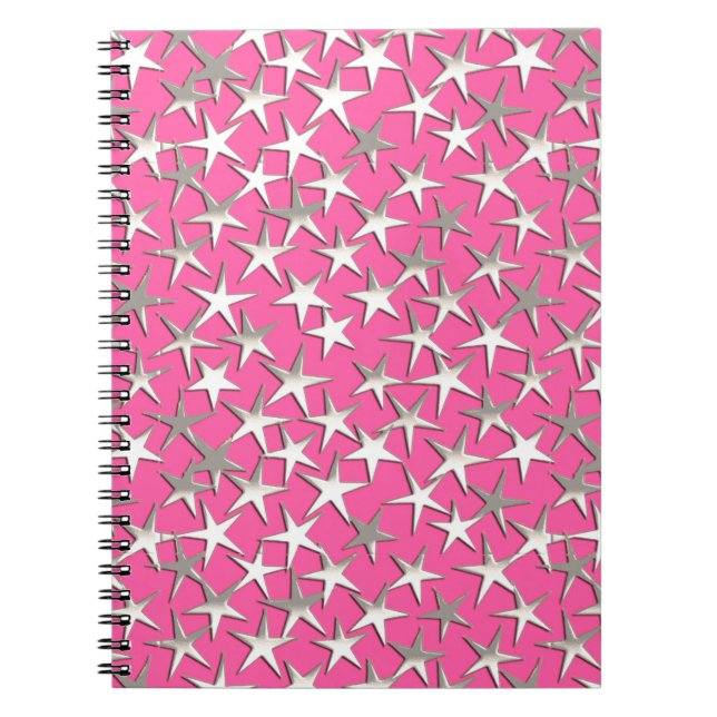 Silver stars on fuchsia pink notebook (Front)