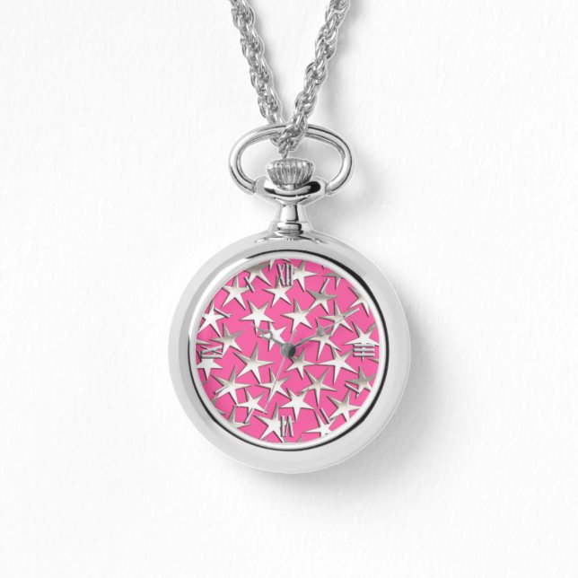 Silver stars on fuchsia pink watch (Front)