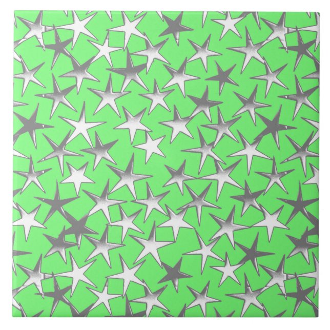Silver stars, on lime green ceramic tile (Front)