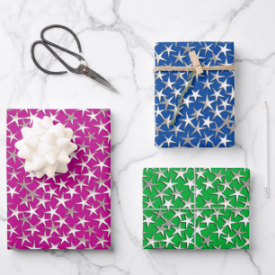 Silver Stars on , Purple, Cobalt Blue and Emerald Wrapping Paper Sheet