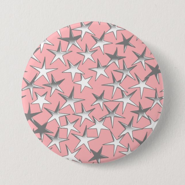 Silver stars, on shell pink 7.5 cm round badge (Front)