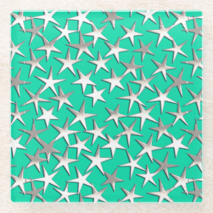 Silver stars on turquoise glass coaster