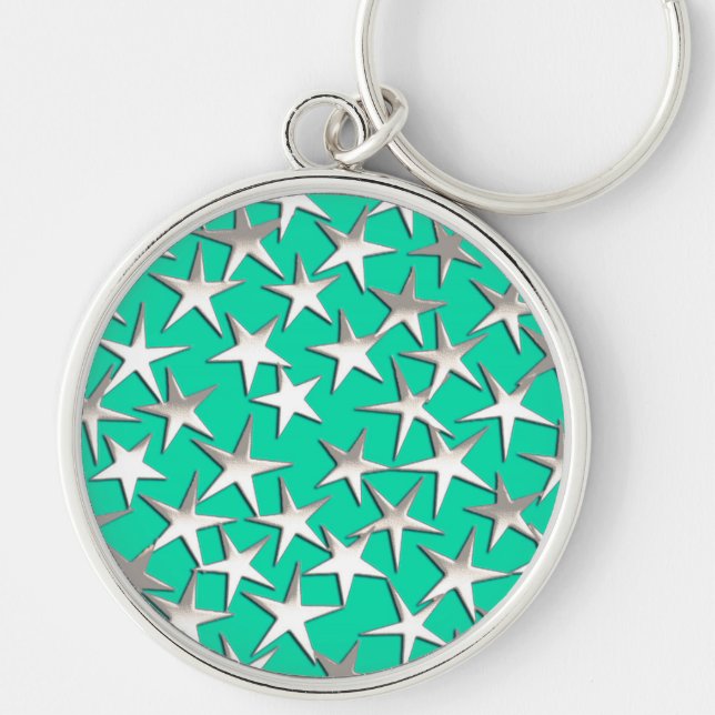 Silver stars on turquoise key ring (Front)