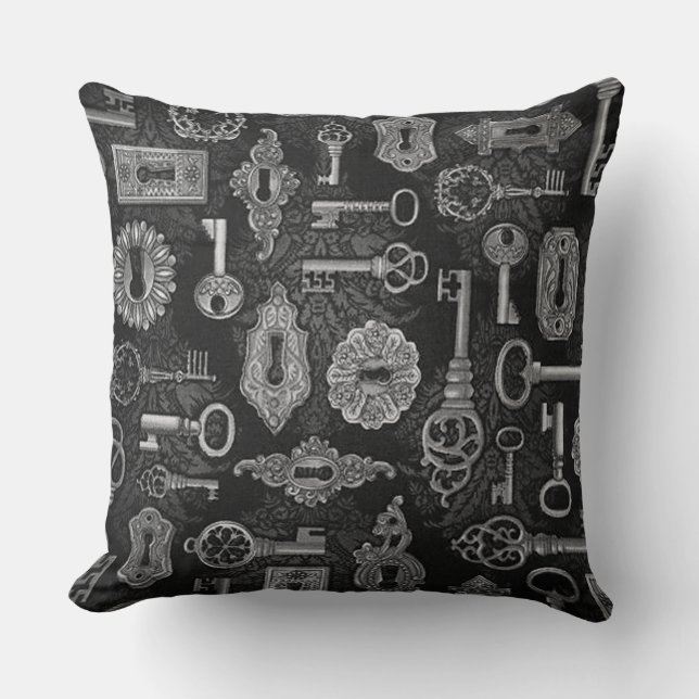 Silver Steampunk Keys and Key Holes Throw PIllow (Front)