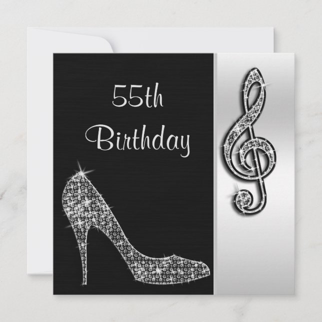 Silver Stiletto & Treble Cleft 55th Birthday Invitation (Front)