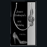 Silver Stiletto & Treble Cleft 60th Birthday Small Gift Bag<br><div class="desc">Women's personalised, elegant custom 60th Birthday Party Gift Bags for birthday parties with glitz and glamour. Woman's beautiful silver and black favour bags with a stunning glamourous printed image rhinestones, glitter, sequins, diamonds bling jewels sparkle high heels stilettos fashion shoe, and glittery silver and black treble cleft on a black...</div>