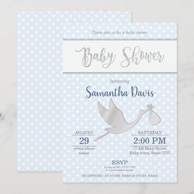 Silver Stork Baby Boy Baby Shower Invitation (Front/Back)
