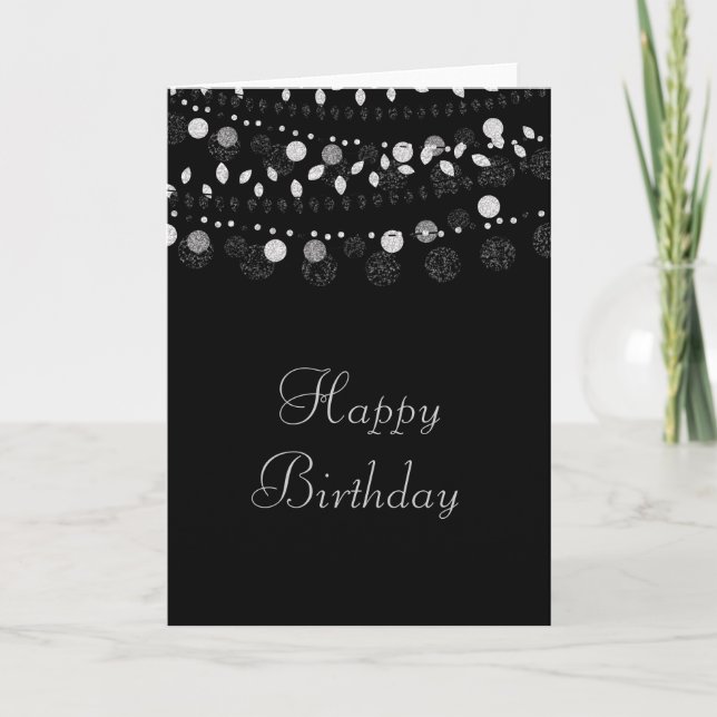 Silver Strings of Lights on Black Birthday Card (Front)