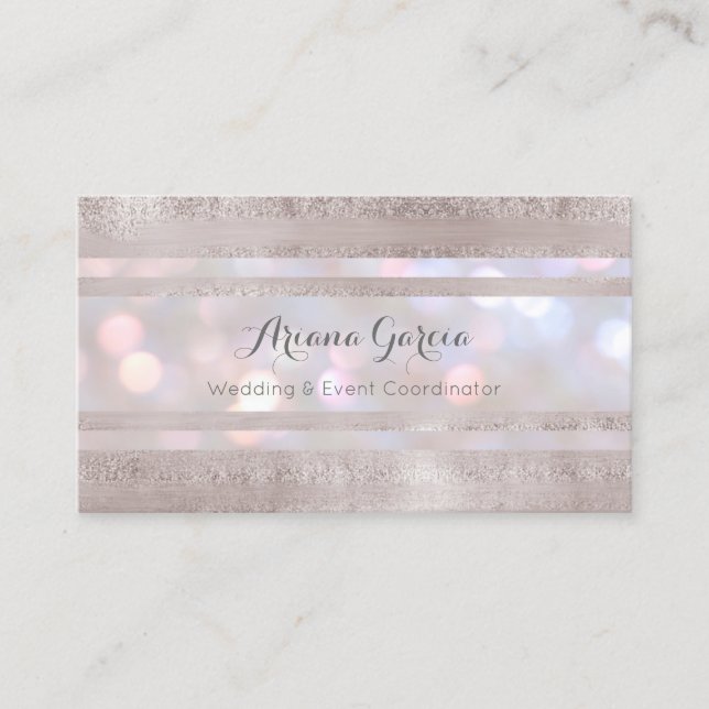 Silver Stripe Bokeh Event Planner Business Card (Front)