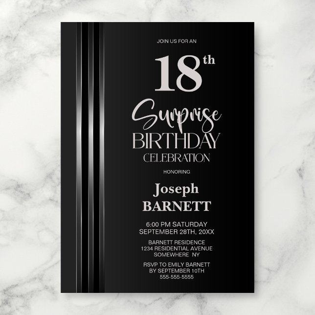 Silver Striped Black Grey 18th Surprise Birthday Invitation (Creator Uploaded)
