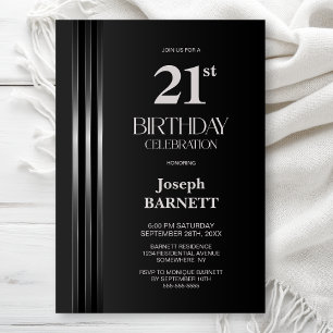 Silver Striped Black Grey 21st Birthday Party Invitation