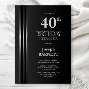 Silver Striped Black Grey 40th Birthday Party Invitation