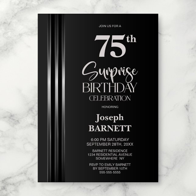Silver Striped Black Grey 75th Surprise Birthday Invitation (Creator Uploaded)