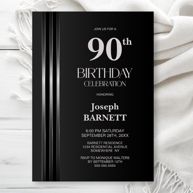 Silver Striped Black Grey 90th Birthday Party Invitation (Creator Uploaded)