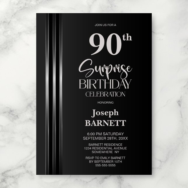 Silver Striped Black Grey 90th Surprise Birthday Invitation (Creator Uploaded)