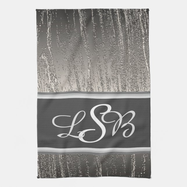 Silver Stripes Liquid Metal Elegant Monogram Tea Towel (Vertical)