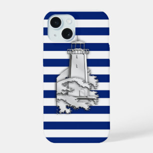 Silver Style Lighthouse on Blue Nautical Stripes iPhone 15 Case