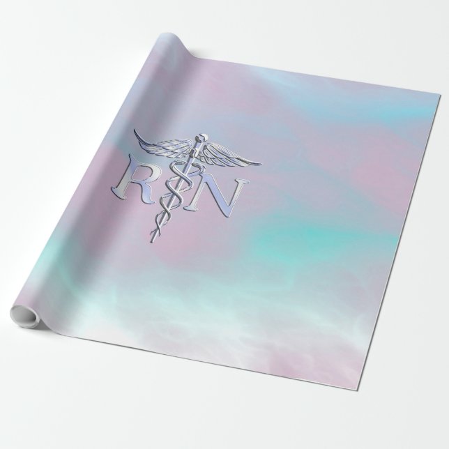 Silver Style RN Caduceus Medical Mother Pearl Wrapping Paper (Unrolled)