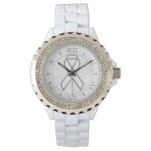Silver Style White Ribbon Awareness Houndstooth Watch