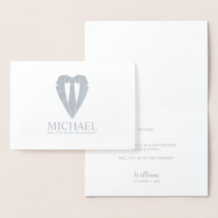 Silver Suit Tie Personalised Groomsman Proposal Foil Card
