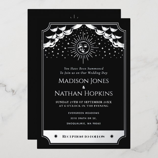 Silver Sun Moon Tarot Wedding Details Invitation (Front/Back)