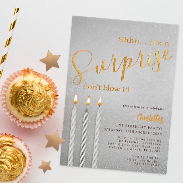 Silver Surprise Birthday Invitation Glitter Candle (Surprise Birthday Party Invitation)