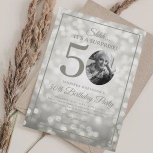 Silver SURPRISE Photo 50th Birthday Glam Lights Invitation