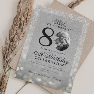 Silver SURPRISE Photo Glam 80th Birthday  Invitation
