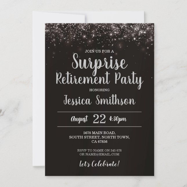 Silver Surprise Retirement Glitter Party Black  Invitation (Front)