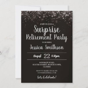 Silver Surprise Retirement Glitter Party Black  Invitation
