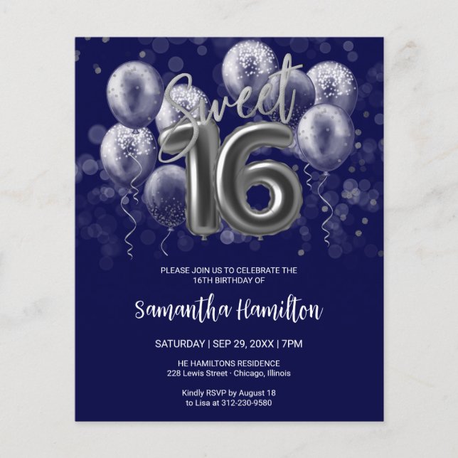 Silver Sweet 16 Balloons Blue Budge Invitation (Front)