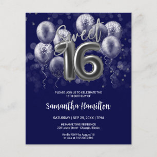 Silver Sweet 16 Balloons Blue Budge Invitation