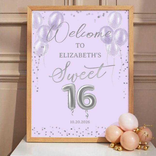 Silver Sweet 16 Balloons Lavender Welcome Sign  (Creator Uploaded)