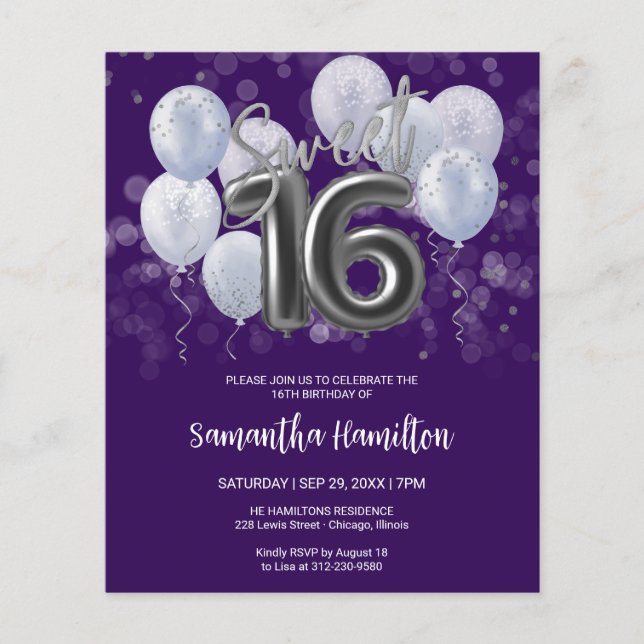 Silver Sweet 16 Balloons Purple Budge Invitation (Front)