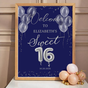 Silver Sweet 16 Balloons Royal Blue Welcome Sign 