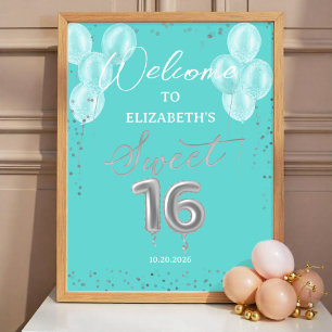 Silver Sweet 16 Balloons Royal Teal Welcome Sign 