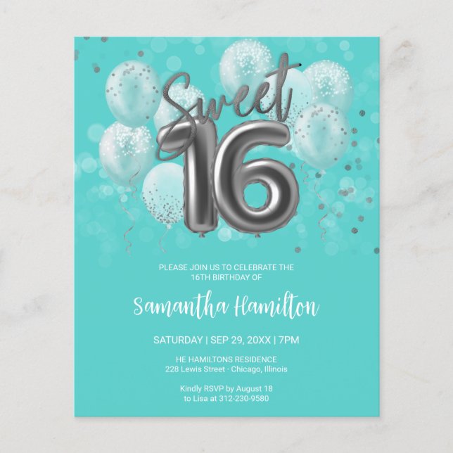 Silver Sweet 16 Balloons Teal Budge Invitation (Front)