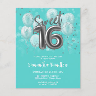 Silver Sweet 16 Balloons Teal Budge Invitation