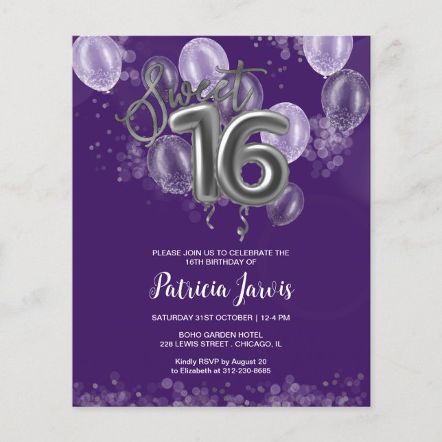Silver Sweet 16 Bday Balloons Budget Invitations (Front)