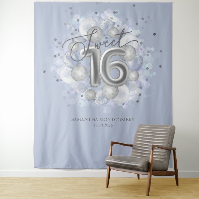Silver Sweet 16 Bday Balloons Dusty Blue Backdrop Tapestry (In Situ)